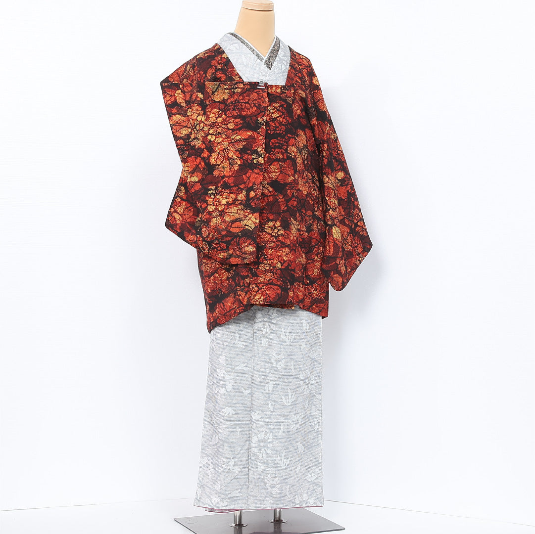 道行コート 袷 身丈84cm 裄丈63cm 正絹 Sランク カジュアル Sサイズ ポケットあり 花柄 茶系 RP 1237-12070