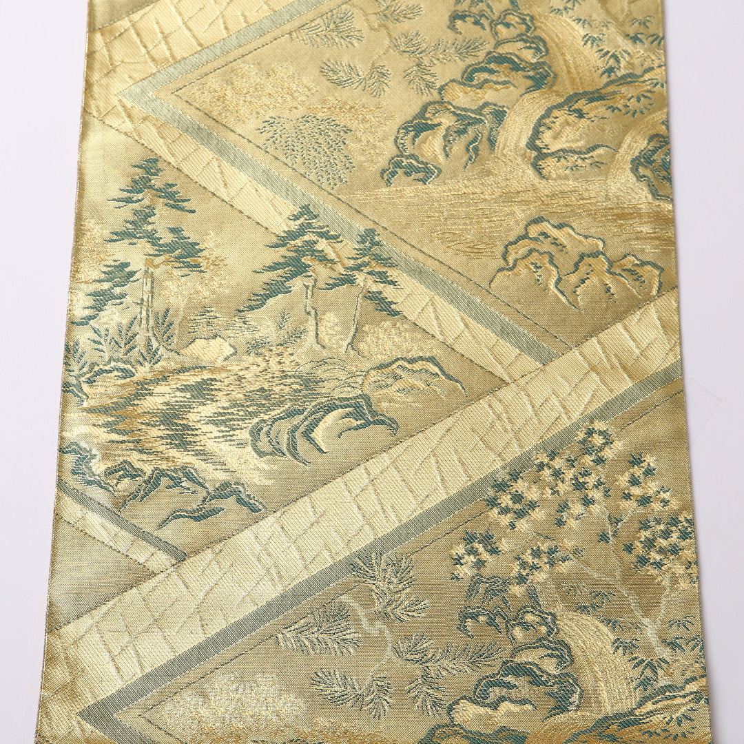 袋帯 帯丈452cm 六通 未仕立て フォーマル Sランク 正絹 佐賀錦 松 古典的 重厚感 証紙 金系 1223-01609