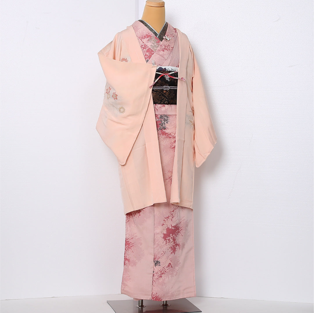 絵羽羽織 袷 身丈93cm 裄丈63cm 正絹 Cランク インフォーマル Sサイズ 紐あり 撫子 菊 ピンク系 LP 1234-12903