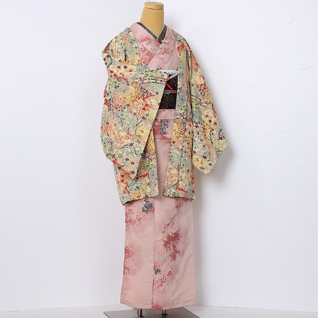 羽織 袷 身丈85cm 裄丈64cm 正絹 Sランク カジュアル Mサイズ 紐あり 花柄 ベージュ系 RP 1232-12863