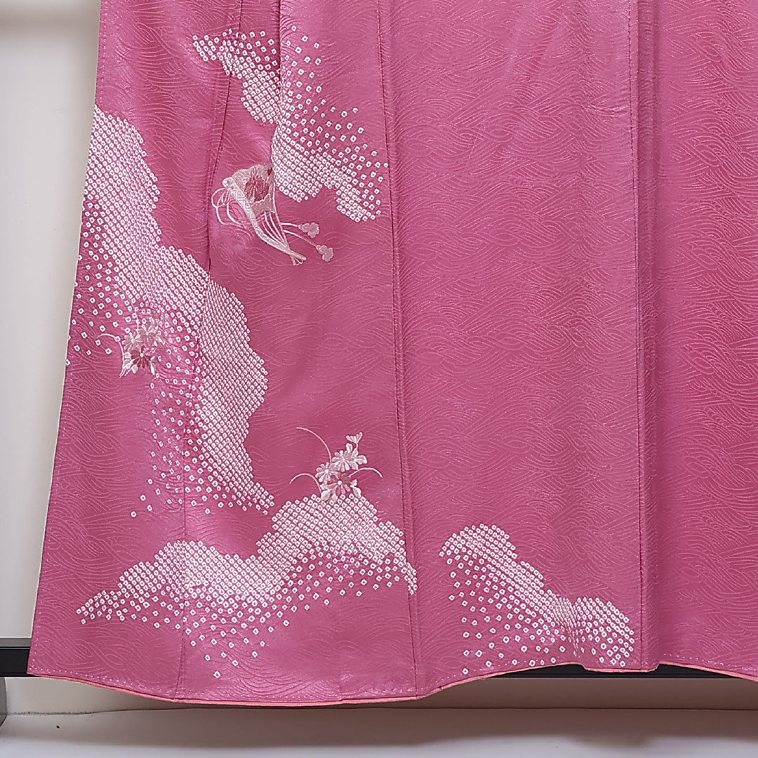 訪問着 袷 身丈156cm 裄64cm 正絹 扇子 部分絞り 菊 刺繍 Aランク 1212-00718
