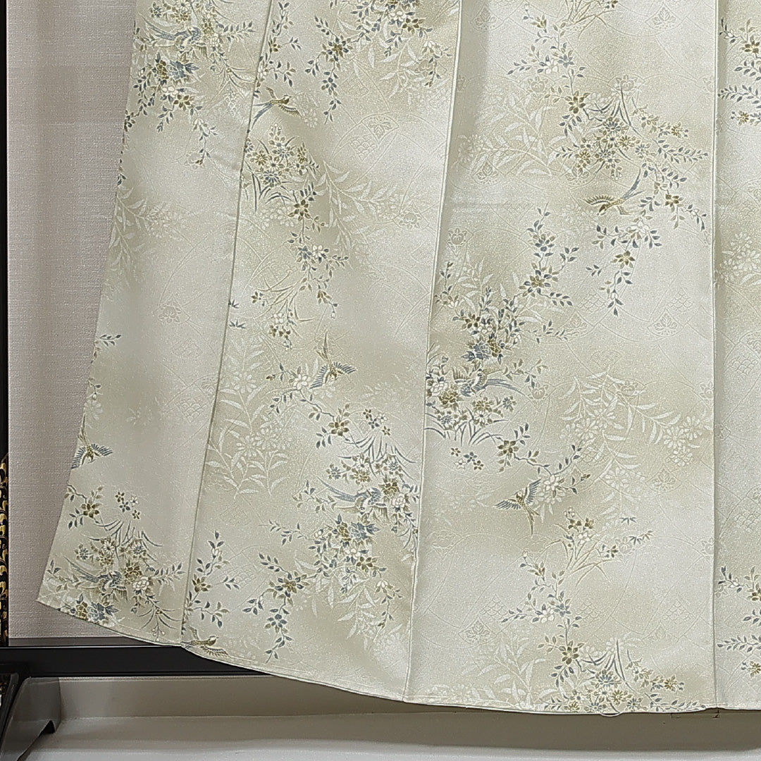 新古品 小紋 洗える着物 袷 身丈159cm 裄丈64cm ポリエステル Nランク Mサイズ 広衿 インフォーマル 花喰鳥 しつけ糸 緑系 1215-14816