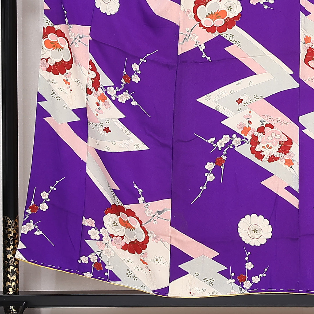 アンティーク 小紋 袷 身丈148cm 裄丈61.5cm Aランク 正絹 バチ衿 XSサイズ ちりめん 吉祥文様 紫系 古典的 華やか 1215-13224