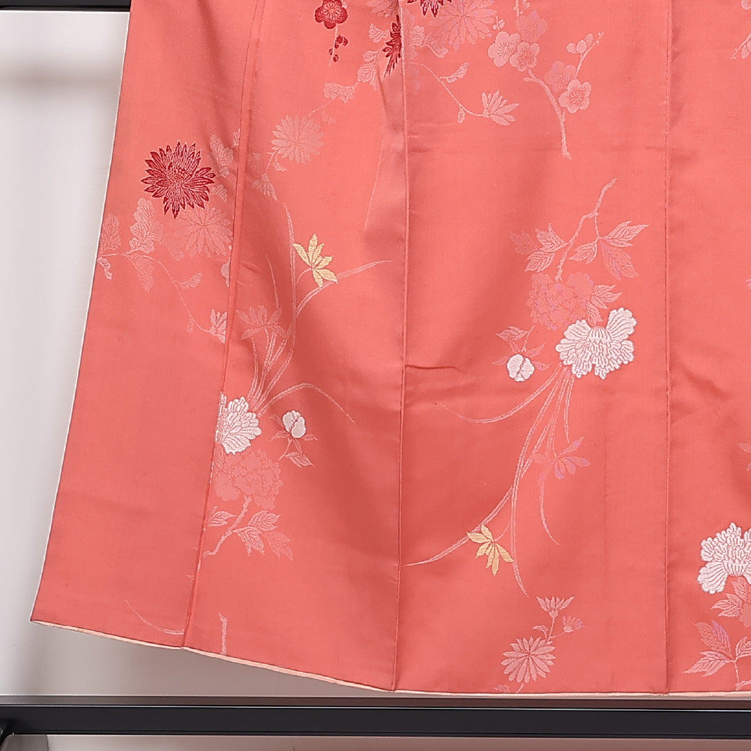 アンティーク 袷 身丈152cm 裄62cm 正絹 お召 梅 菊 ピンク系 Cランク 1216-01350