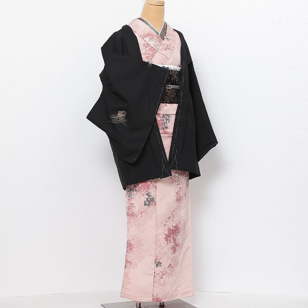 洗える着物 黒羽織 袷 身丈77cm 裄丈65cm ポリエステル Sランク インフォーマル Mサイズ 御所車 黒系 RP 1233-13724
