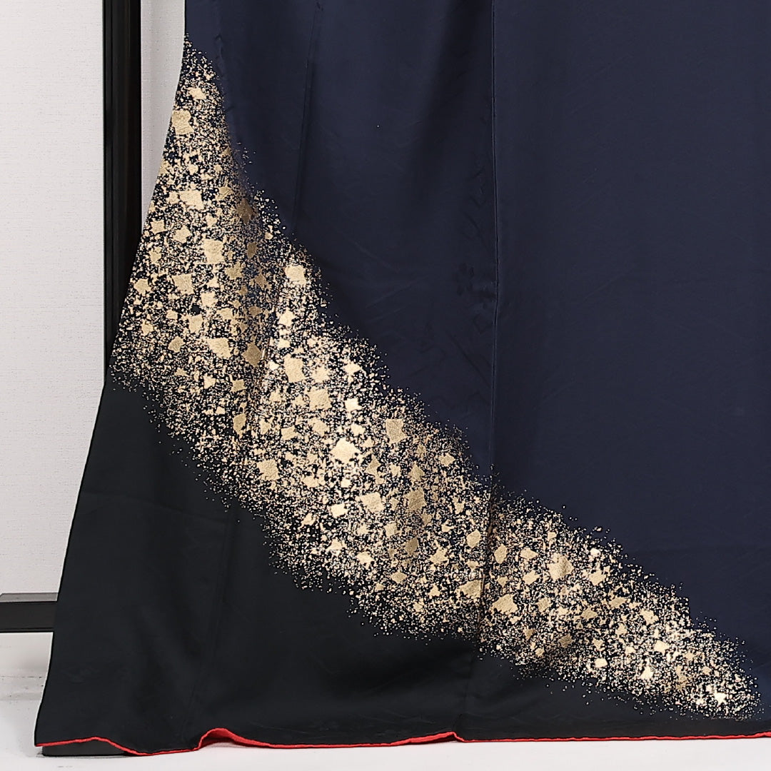振袖 身丈177cm 裄丈64cm Sランク 正絹 袷 広衿 3XL 金彩 菊 松 フォーマル 華やか モダン 紺系 1213-F0570