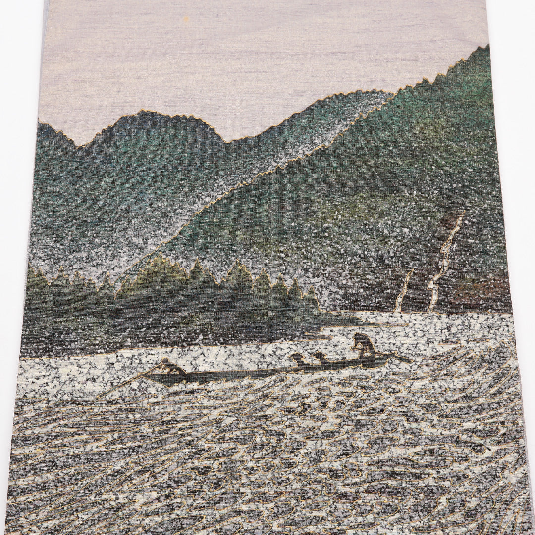 袋帯 帯丈404cm 正絹 全通 セミフォーマル 奥の細道「最上川」 浮世絵 遠山 船 作家物 落款 グレー系 1243-01453