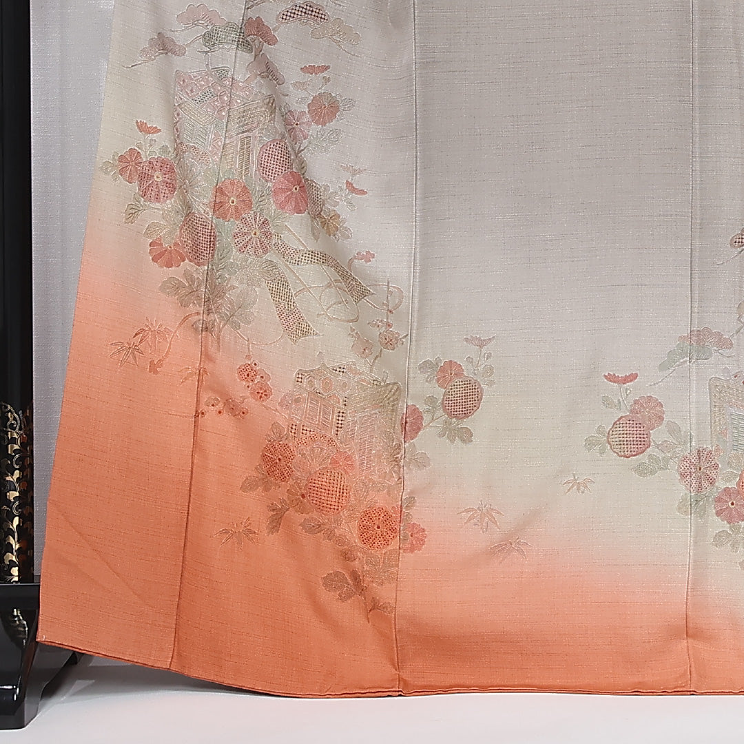 訪問着 身丈165cm 裄丈68cm Bランク XL 正絹 袷 広衿 蘇州刺繍 相良刺繍 汕頭刺繍 御所車 ぼかし 菊 松 セミフォーマル グレー系 1212-12035
