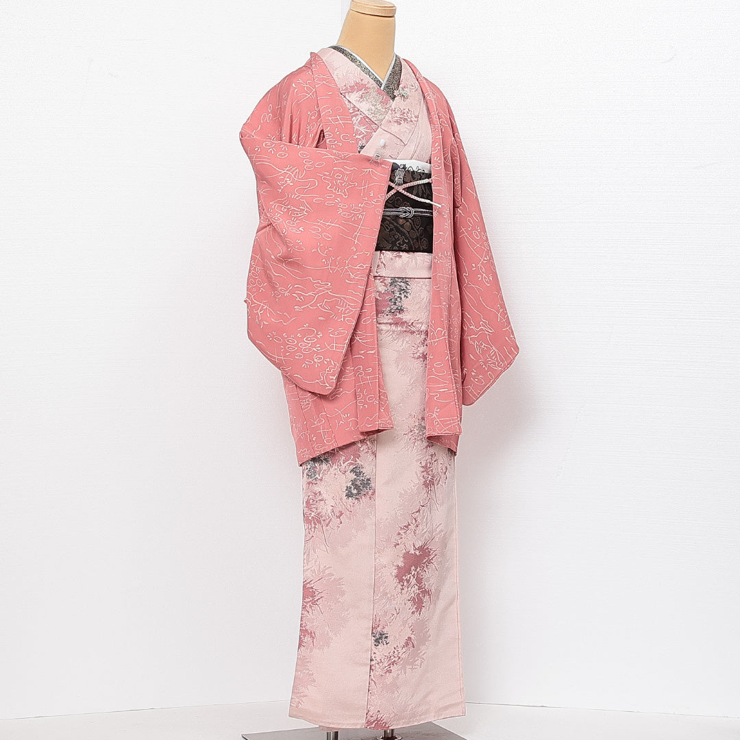 羽織 袷 身丈76cm 裄丈64cm 正絹 Cランク カジュアル Mサイズ 紐あり ピンク系 HP 1232-13740