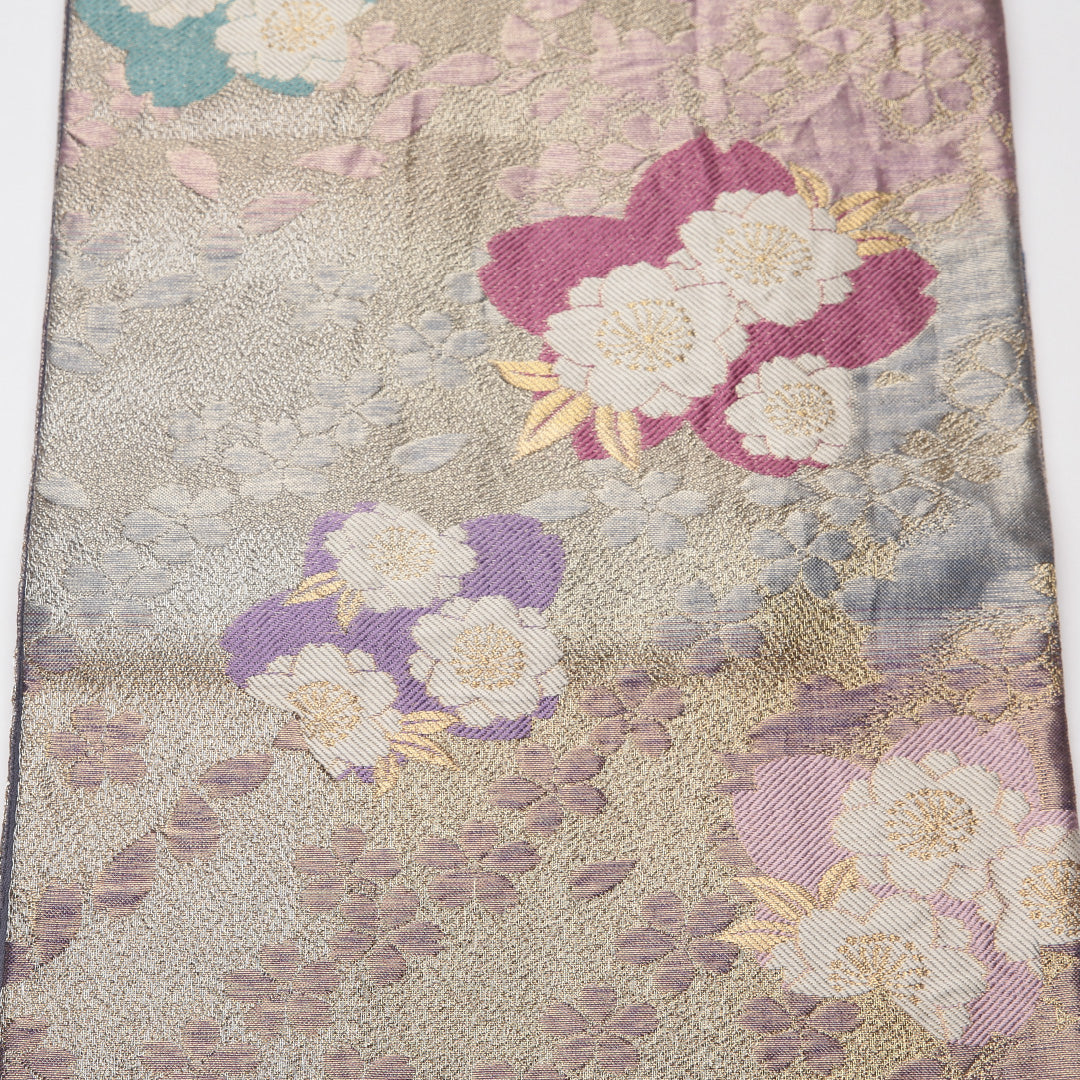 振袖用 袋帯 帯丈444cm 正絹 六通 ふくれ織 桜 銀系 1243-01232