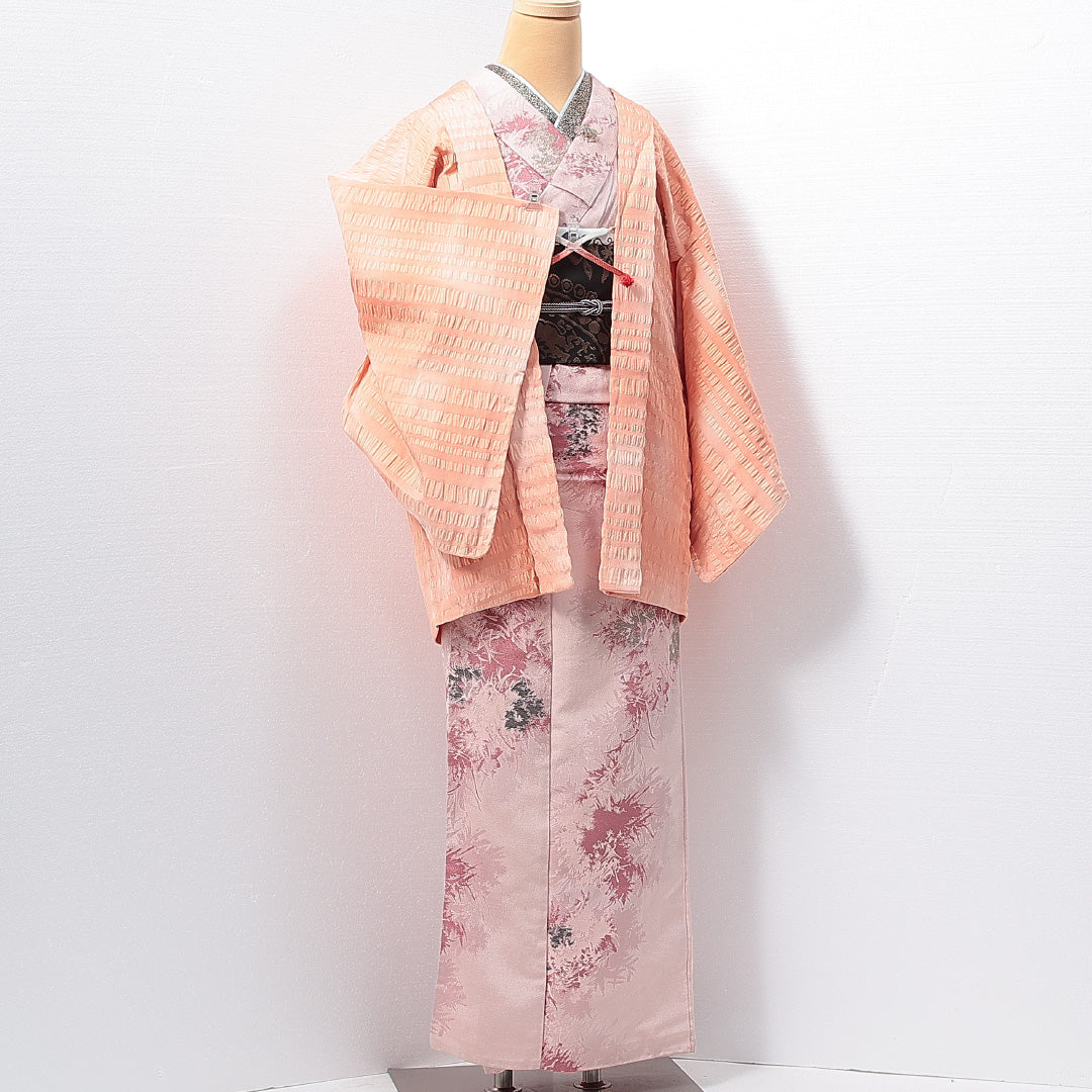 羽織 袷 身丈78cm 裄丈65cm 正絹 Sランク カジュアル Mサイズ ふくれ織 ぼかし染 紐あり 朱系 RP 1232-14675