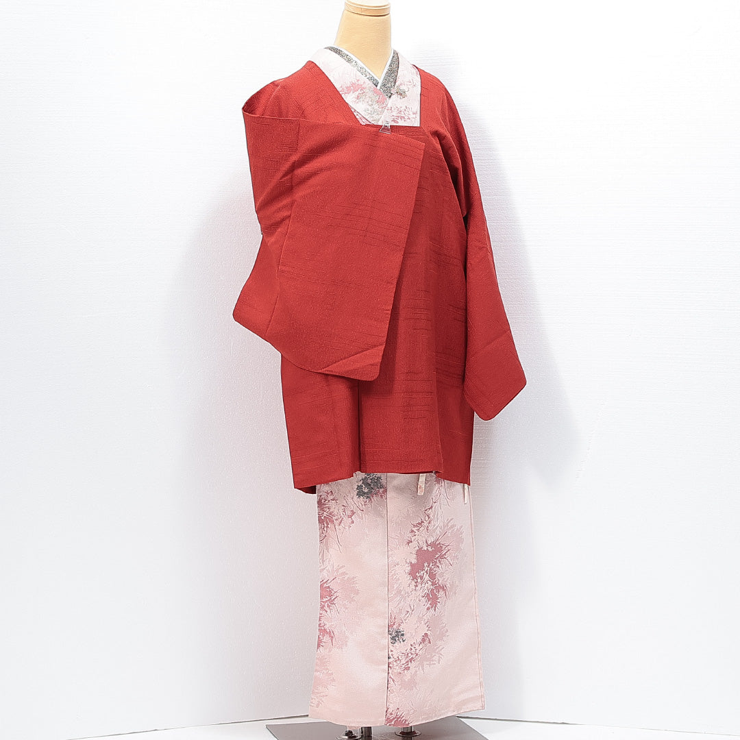 道行コート 袷 身丈84cm 裄丈69cm 正絹 Sランク セミフォーマル Lサイズ 織り出し ポケットあり 抽象柄 赤系 RP 1237-14812