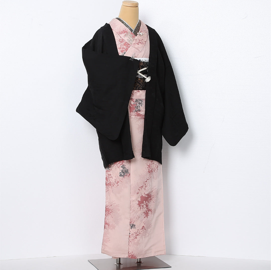 黒羽織 袷 身丈83cm 裄丈68cm 正絹 Sランク 一つ紋 (柏) セミフォーマル Lサイズ 紐あり 吉祥文様 黒系 RP 1233-12828