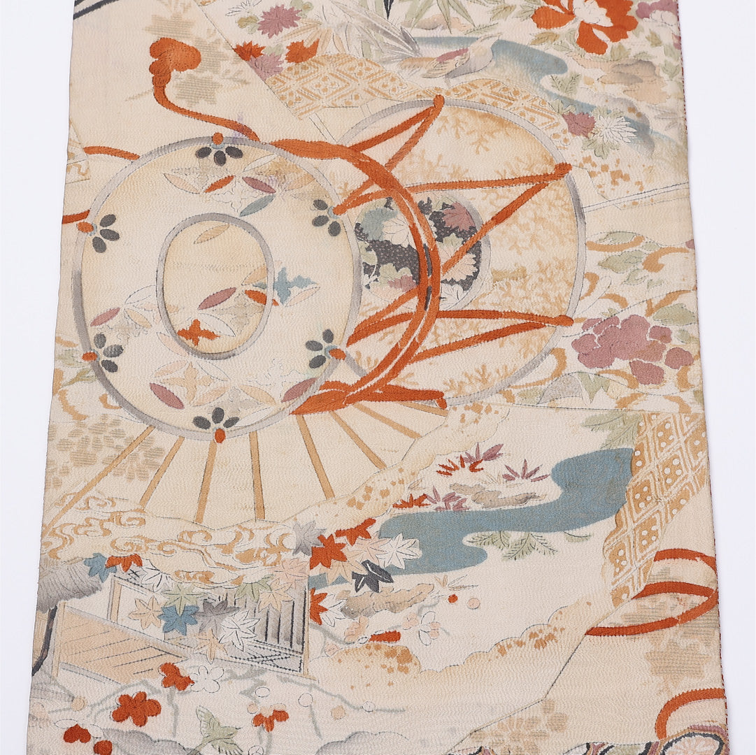 アンティーク 京袋帯 名古屋帯 帯丈370cm 全通 袋仕立て Cランク セミフォーマル リバーシブル 正絹 クリーム系 1224-01364