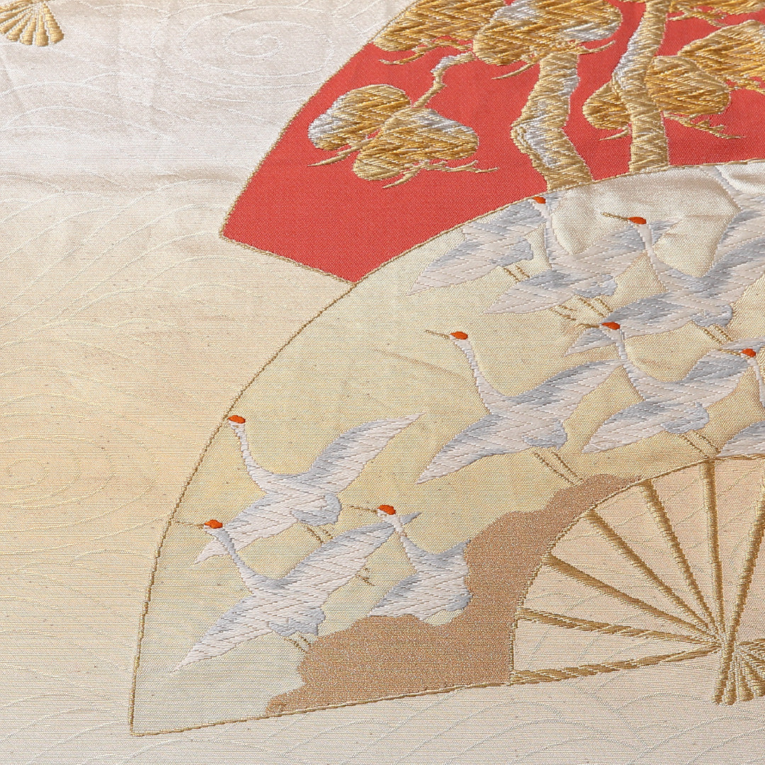 袋帯 帯丈424cm 正絹 六通 フォーマル 更紗 花扇 松鶴 八橋 金系 1243-01438