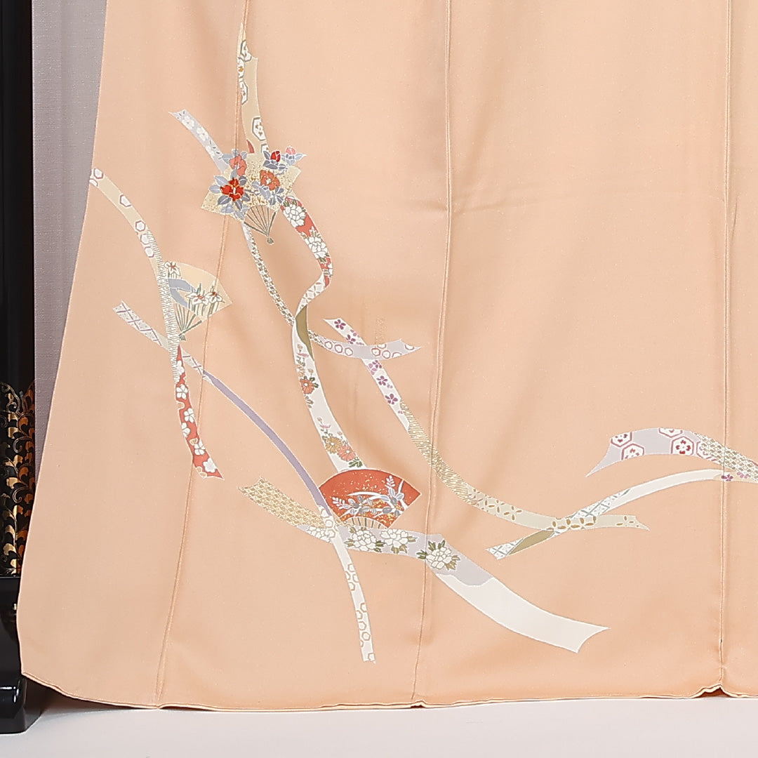 付下げ 身丈170cm 裄丈66cm Sランク 2XL 正絹 袷 広衿 短冊 菊 菖蒲 インフォーマル ベージュ系 1261-12028