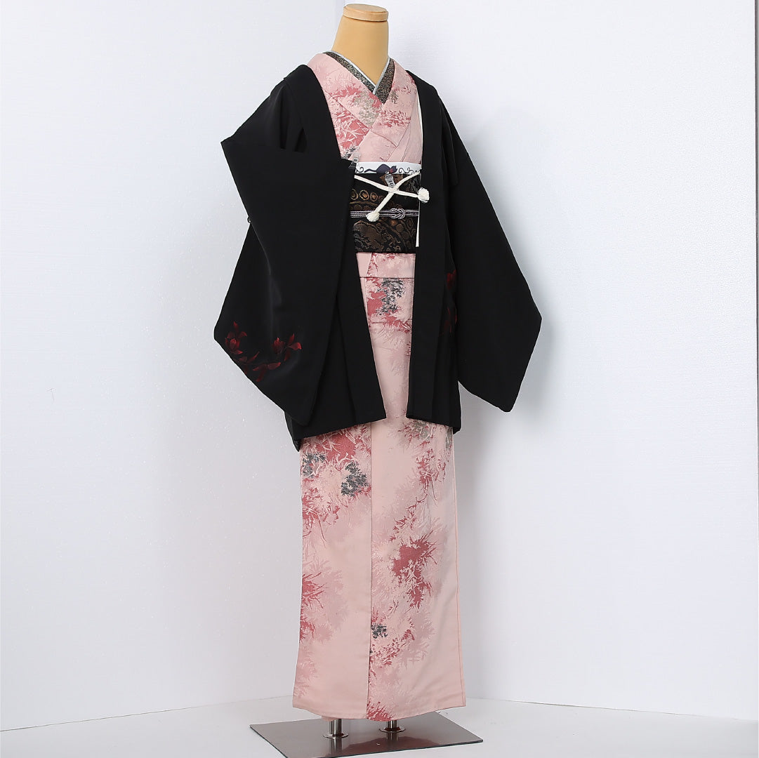 黒羽織 袷 身丈78cm 裄丈63cm 正絹 Aランク インフォーマル Sサイズ 刺繍 紐あり 木瓜 黒系 RP 1233-12594