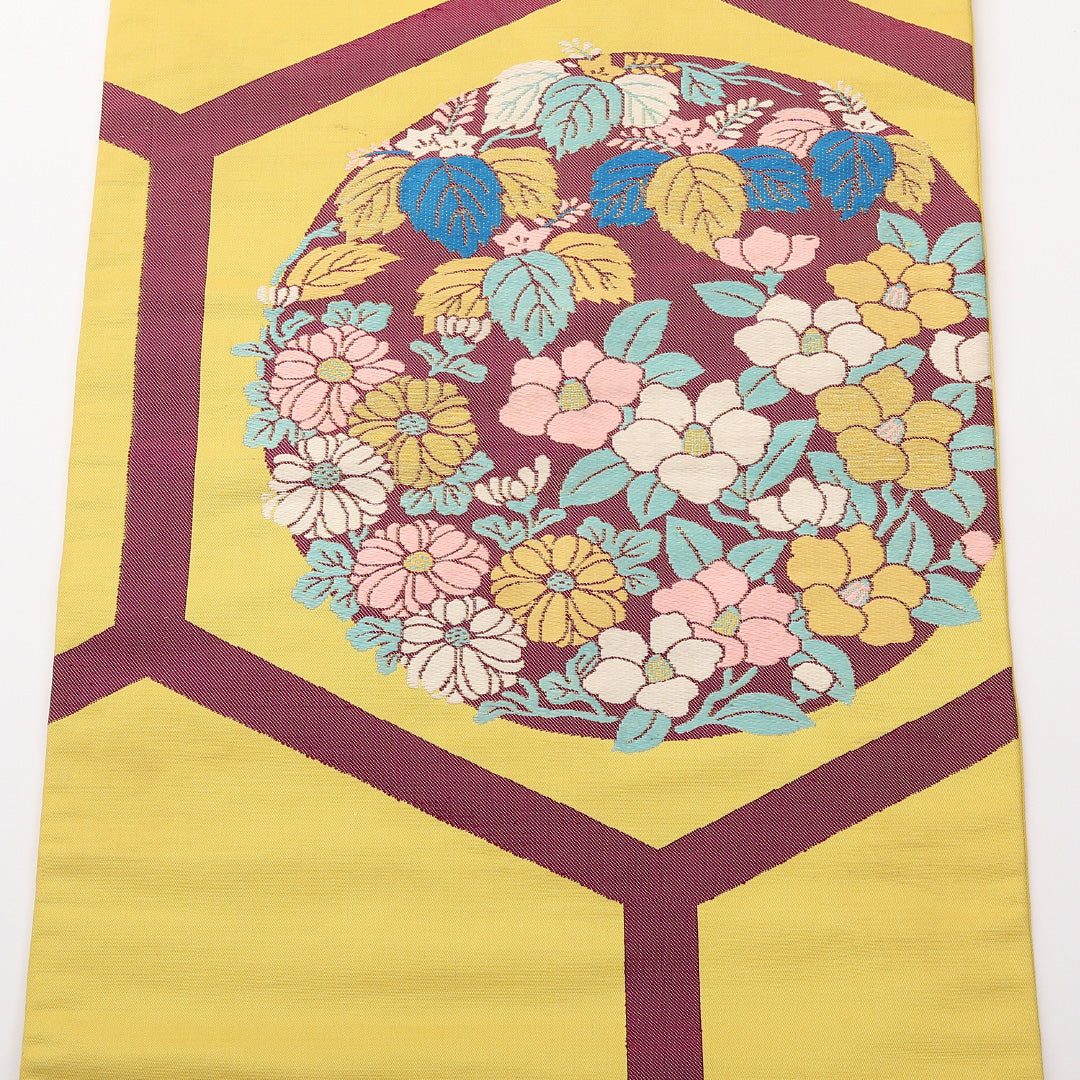 アンティーク 名古屋帯 ポイント柄 帯丈327cm Aランク 正絹 亀甲 花柄 黄系 1224-02193