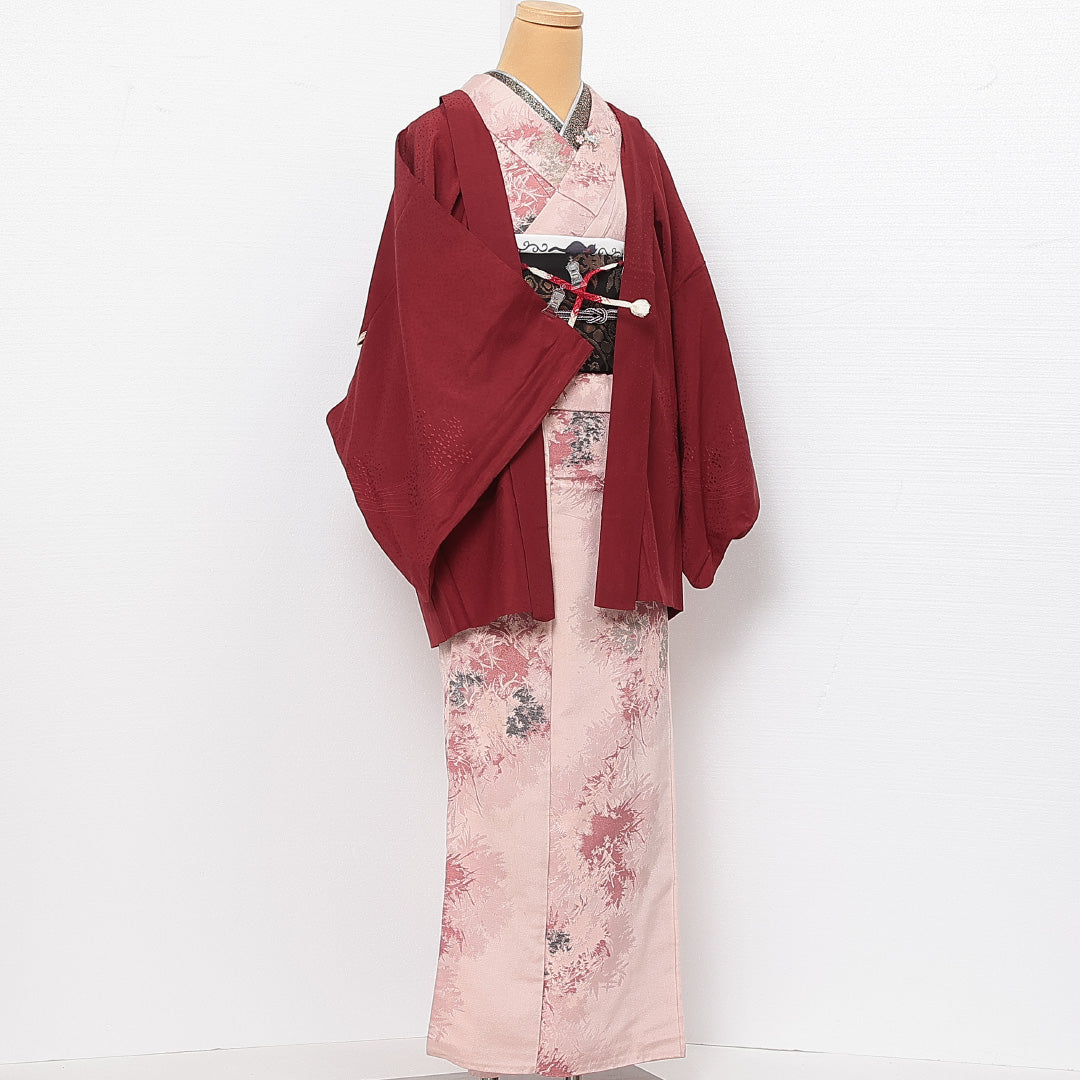 羽織 袷 身丈75cm 裄丈65cm 正絹 Sランク カジュアル Mサイズ 織り出し 紐あり 植物柄 赤系 RP 1232-13932