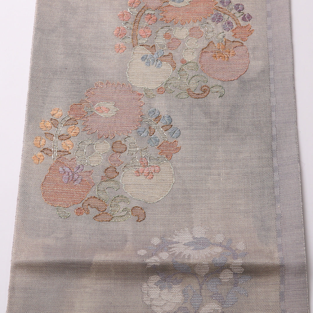夏物 袋帯 帯丈434cm ポイント柄 セミフォーマル Sランク 正絹 夏紬 刺繍 花柄 上品 落ち着き グレー系 1223-01554