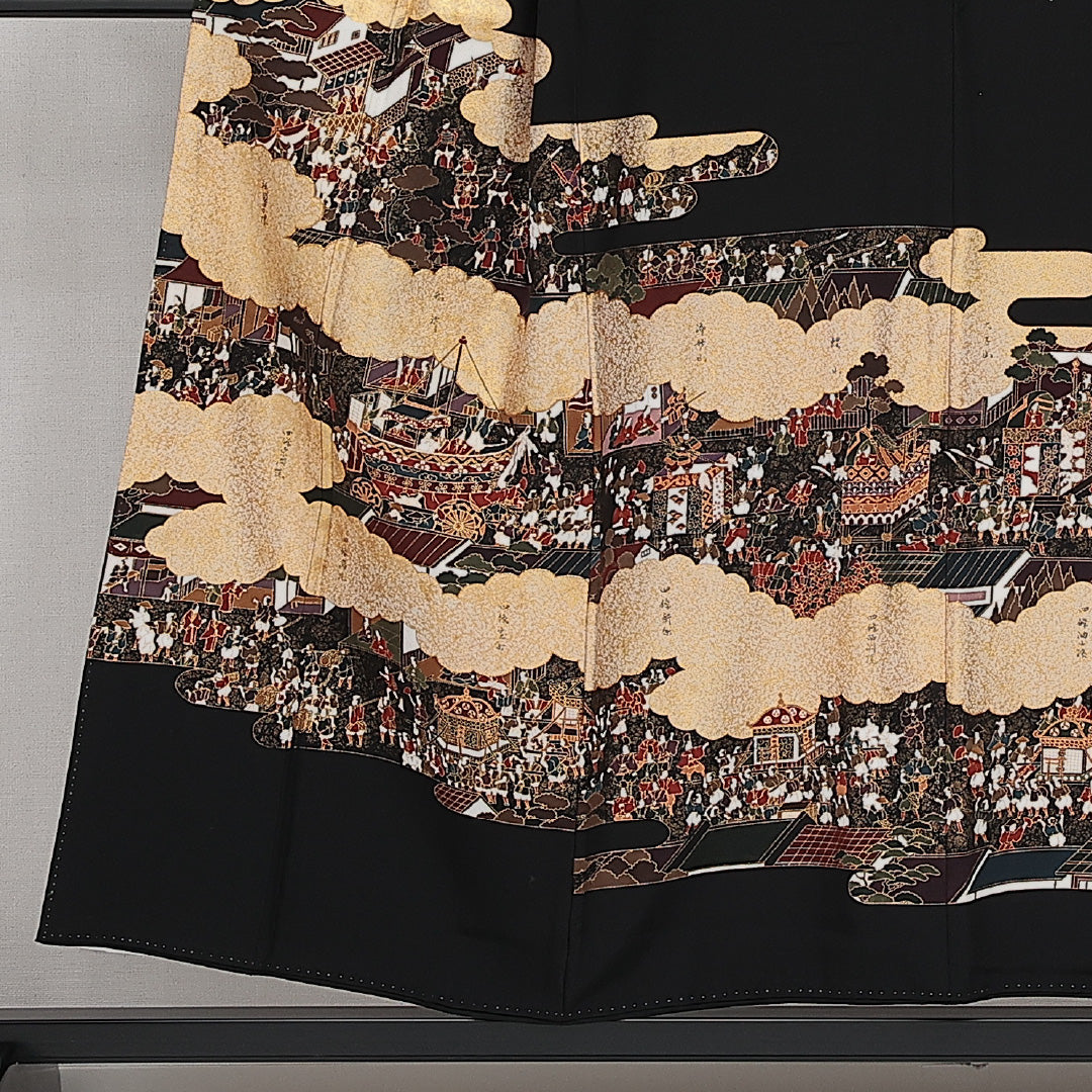 黒留袖 五つ紋 亀甲 京友禅作家 松尾光琳 身丈153cm 裄丈62cm Sランク 正絹 袷 比翼 広衿 S 落款 京洛百景 フォーマル 上品 華やか 黒系 1211-F0622