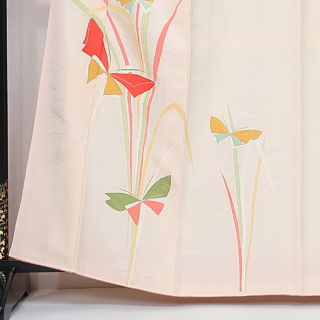 付下げ 身丈160cm 裄丈64.5cm Cランク L 正絹 袷 広衿 金駒刺繍 蝶 インフォーマル クリーム系 1261-12027