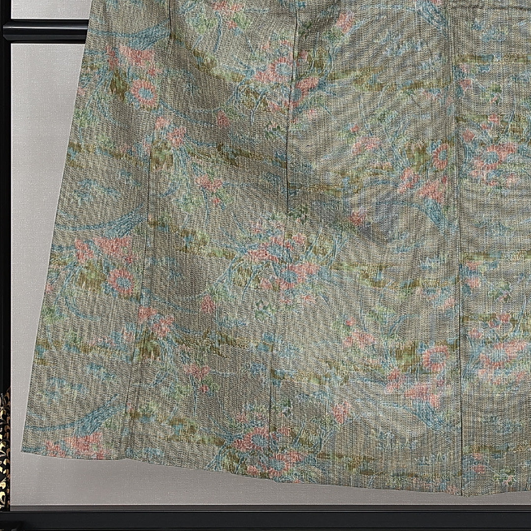 洗える着物 ウールの紬 単衣 身丈153cm 裄丈61cm ウール Sランク カジュアル バチ衿 Sサイズ 居敷当て 肩当て 菊 緑系 RP 1223-14354