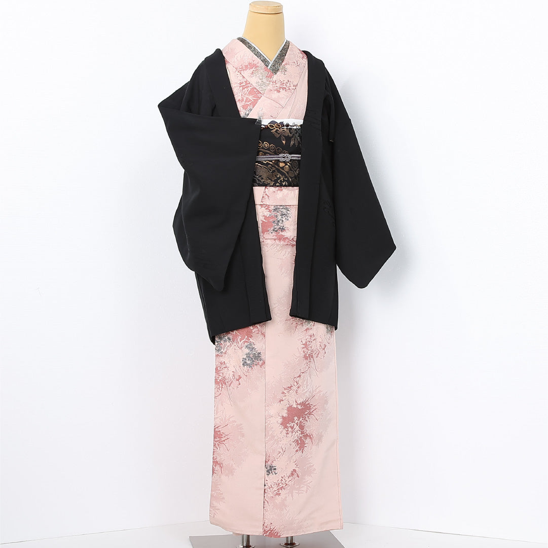 黒羽織 袷 身丈82cm 裄丈63cm 正絹 Sランク 一つ紋 (沢瀉) セミフォーマル Sサイズ 紐あり 流水 無地 黒系 RP 1233-12575