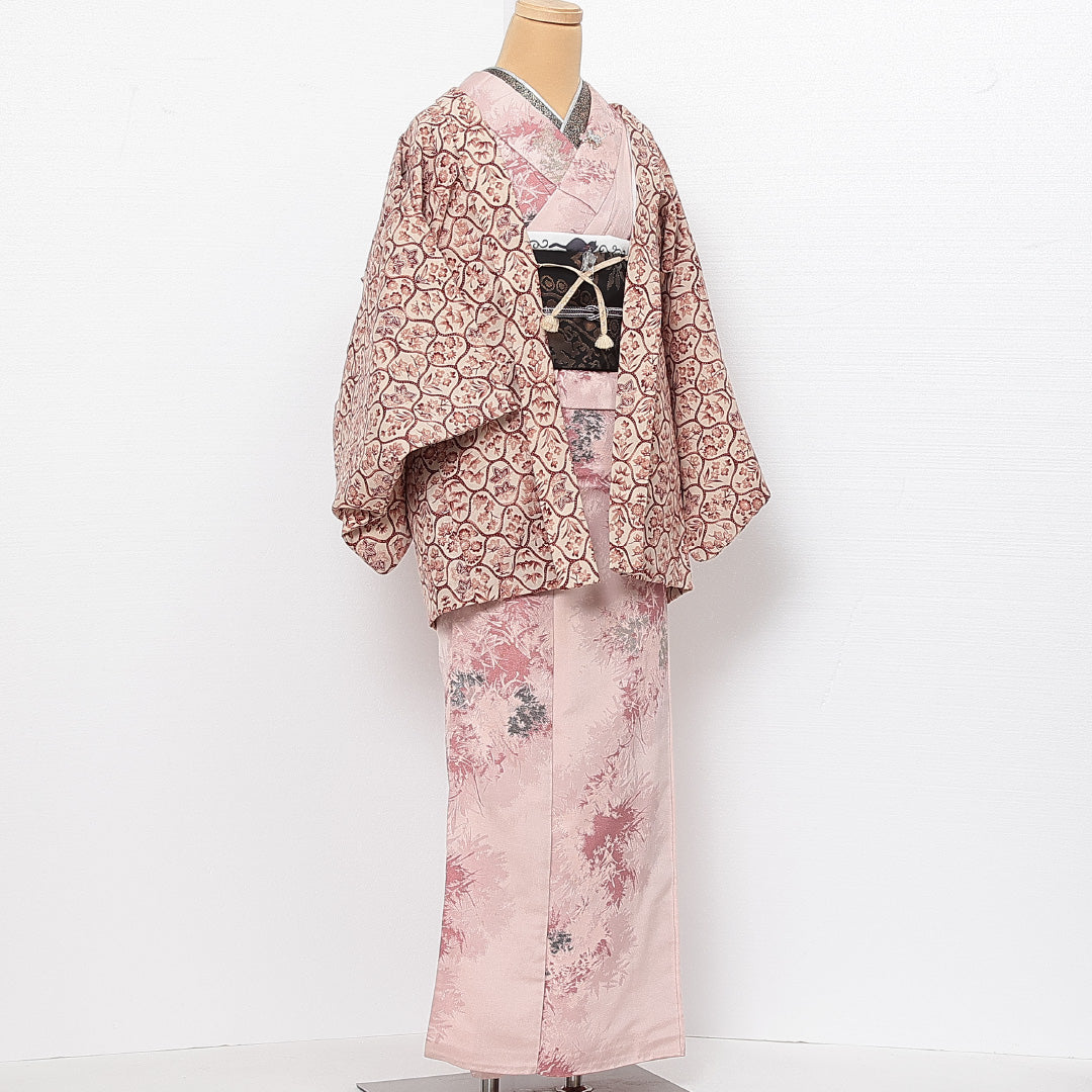 洗える着物 羽織 袷 身丈77cm 裄丈62cm ポリエステル Sランク カジュアル Sサイズ 紐あり 籠目 植物柄 クリーム系 RP 1232-13743
