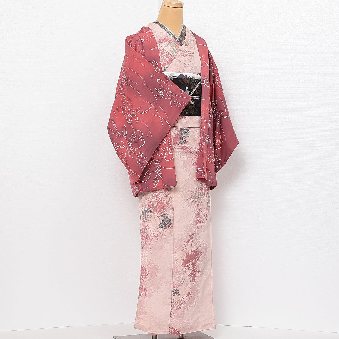 羽織 袷 身丈74cm 裄丈63cm 正絹 Sランク カジュアル Sサイズ ぼかし染 紐あり 植物柄 ピンク系 RP 1232-13900