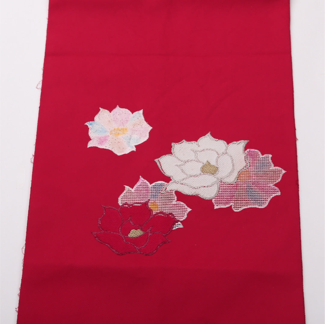 八寸名古屋帯 Aランク 帯丈336cm 正絹 ポイント柄 松葉仕立て 織り カジュアル 牡丹 赤系 LP 1245-02381