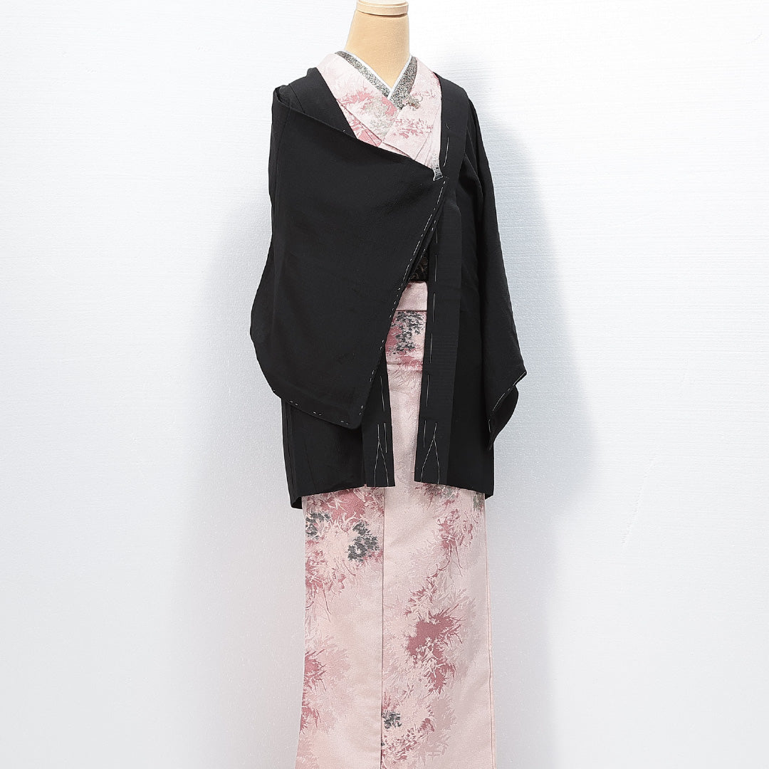 未使用品 黒羽織 単衣 身丈80cm 裄丈60cm 正絹 Nランク 一つ紋 (五三桐) セミフォーマル Sサイズ しつけ糸 無地 黒系 RP 1233-14683