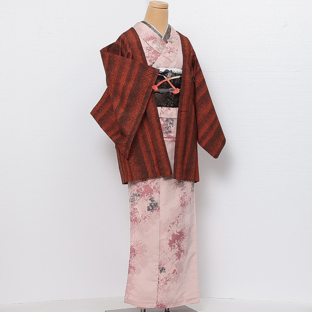 羽織 袷 身丈78cm 裄丈64cm 正絹 Aランク カジュアル Mサイズ 紐あり 創作柄 朱系 HP 1232-13852