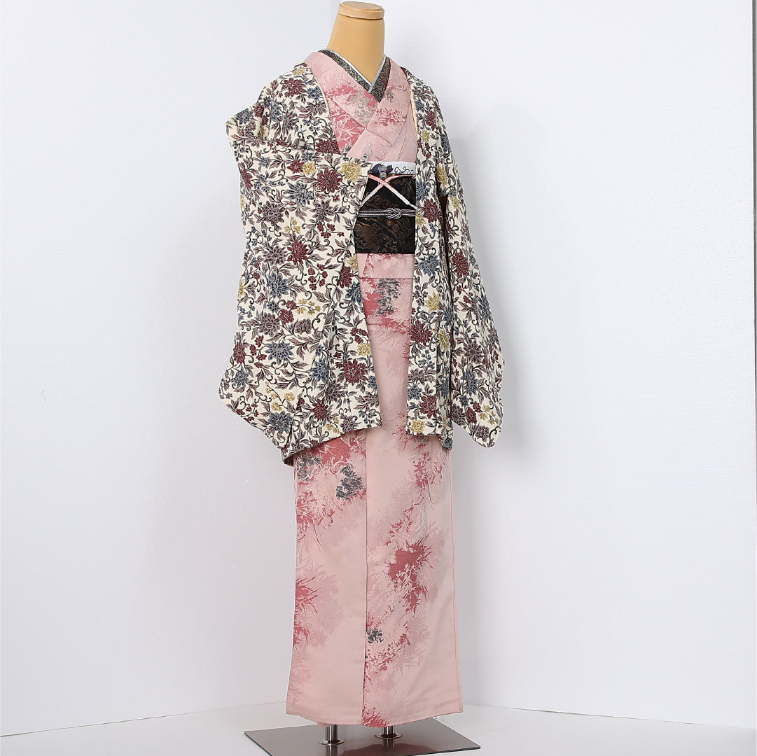 羽織 袷 身丈83cm 裄丈64cm 正絹 Sランク カジュアル Mサイズ 紐あり 唐草 菊 クリーム系 M4 1232-12614