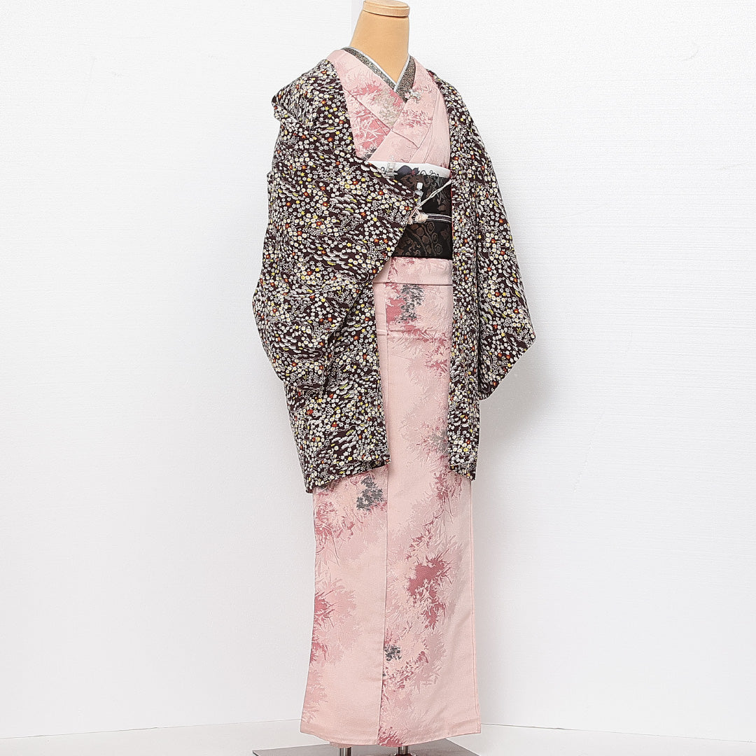 羽織 単衣 身丈85cm 裄丈63cm 正絹 Sランク カジュアル Sサイズ 紐あり 花柄 紫系 RP 1232-13902