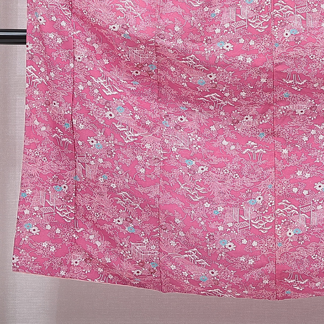 小紋 袷 身丈149cm 裄丈62cm 正絹 Sランク インフォーマル バチ衿 XSサイズ 流水 菊 ピンク系 RP 1221-15617