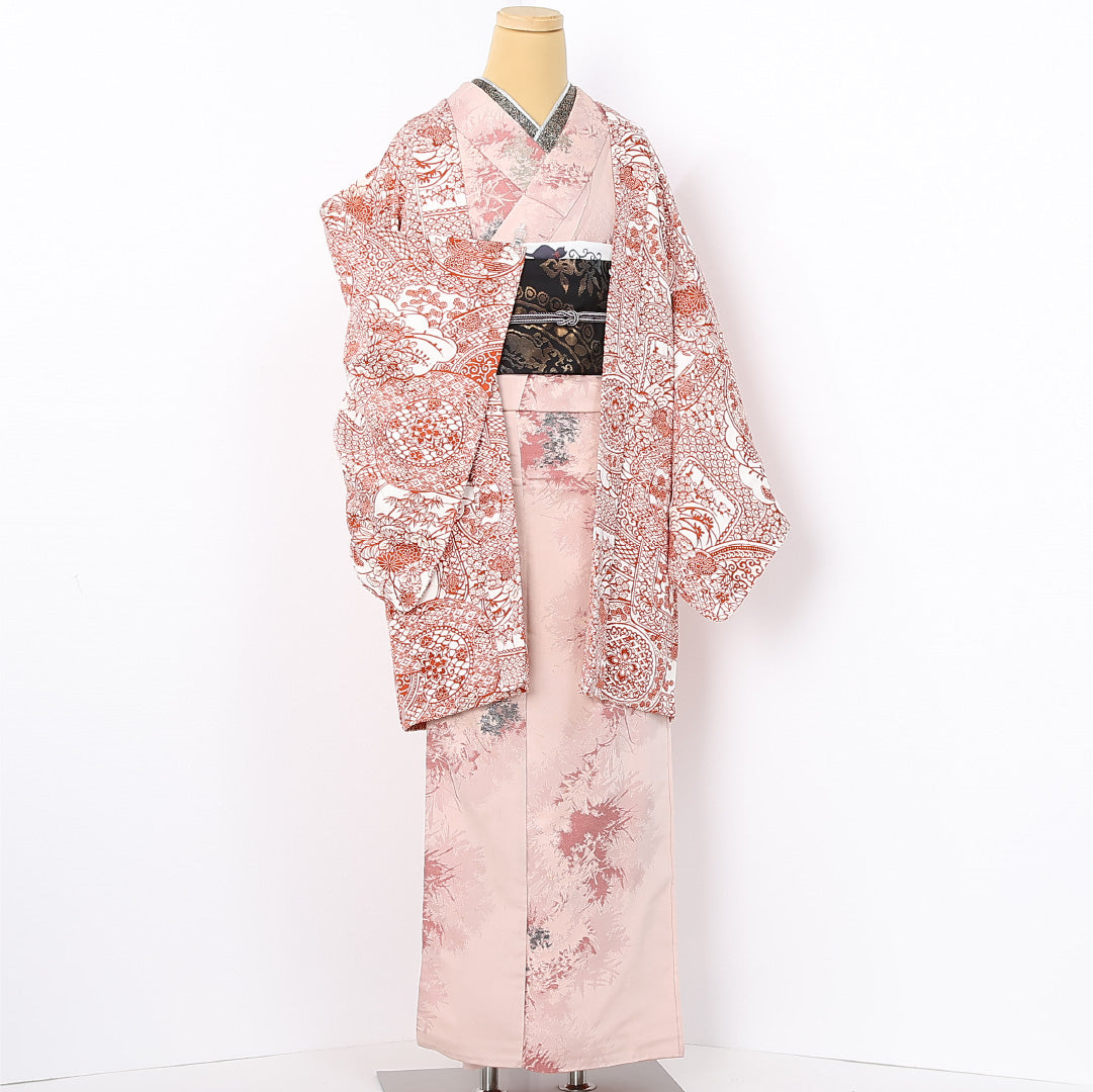 羽織 袷 身丈87cm 裄丈66cm 正絹 Sランク カジュアル Mサイズ 吉祥文様 赤系 RP 1232-12569