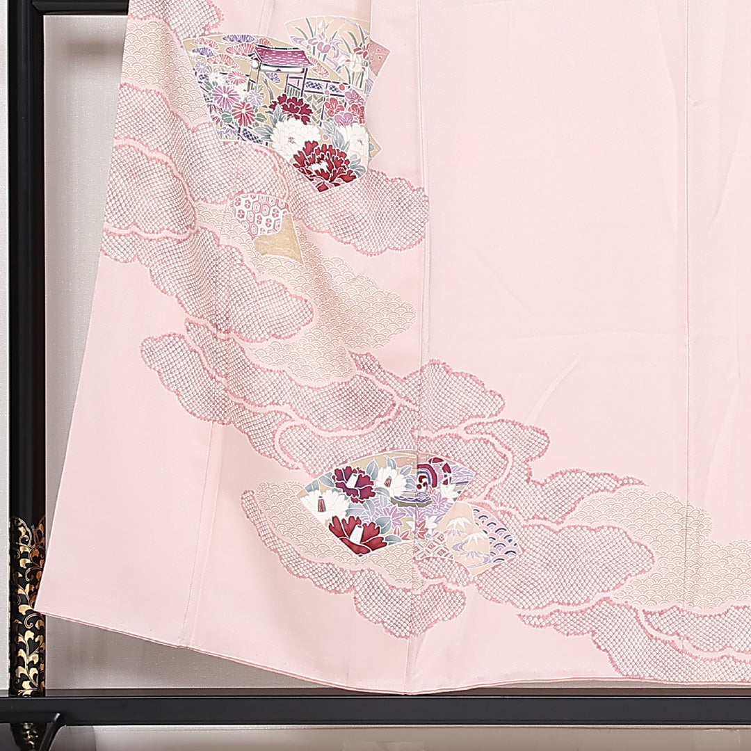 訪問着 袷 身丈153cm 裄64.5cm 正絹 扇 吉祥文様 茶屋辻 パールトーン加工 Aランク 1212-00807