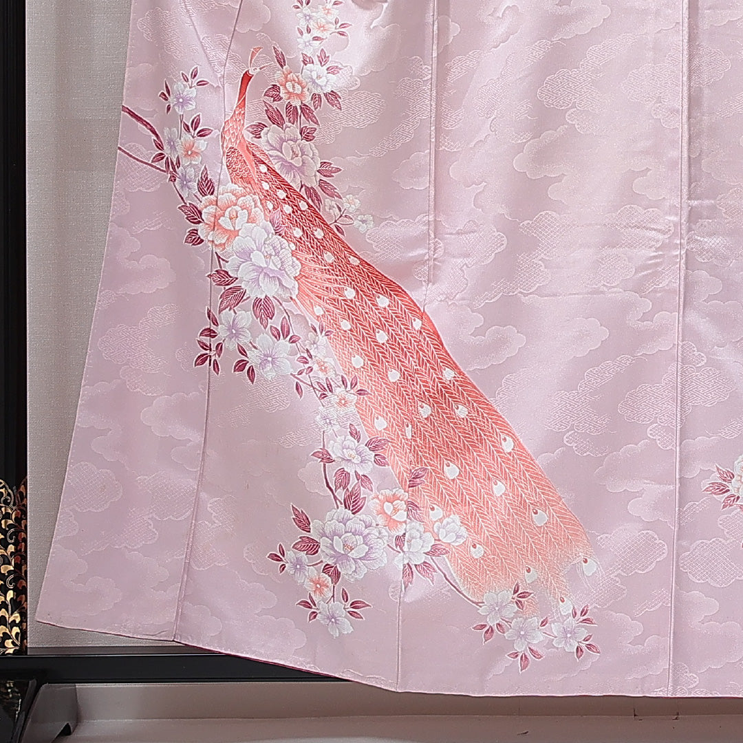 訪問着 洗える着物 袷 身丈155cm 裄丈65cm ポリエステル Cランク Mサイズ 広衿 セミフォーマル 孔雀 梅 紫系 1212-14989