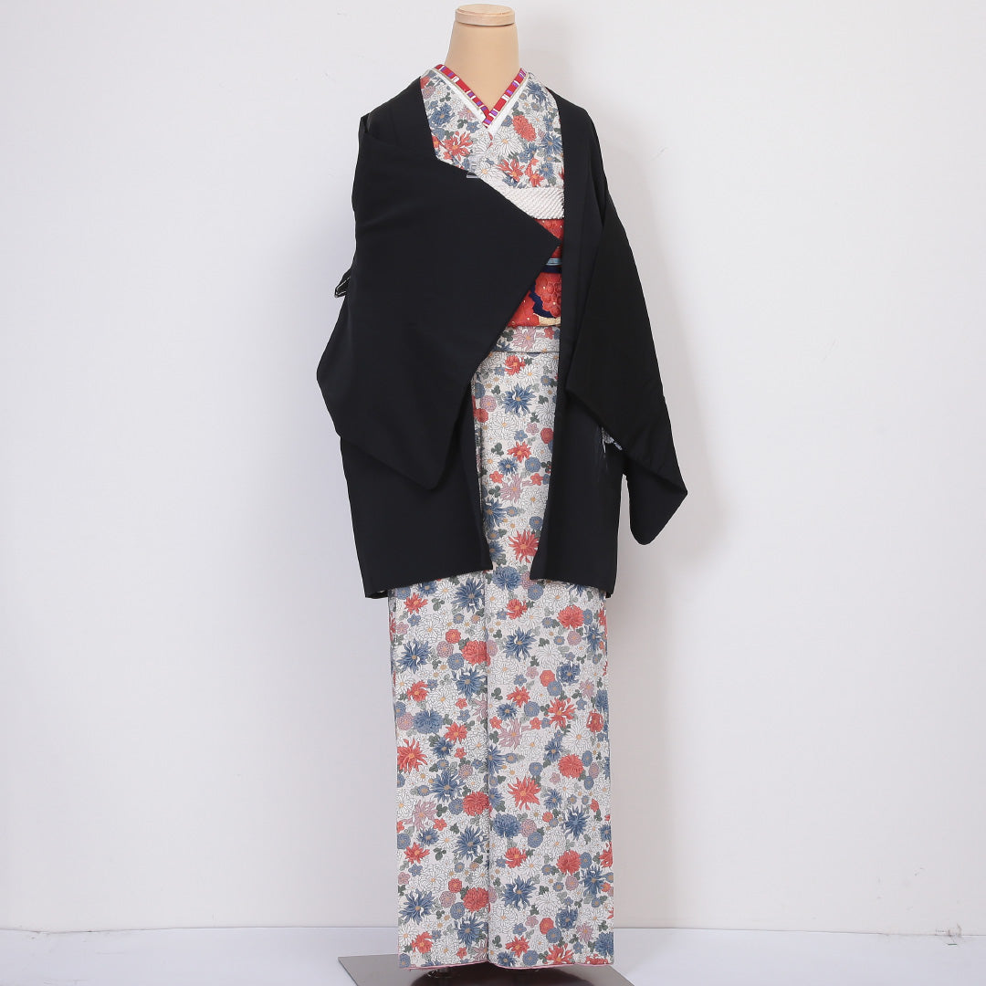 黒羽織 羽織 身丈79cm 裄丈64.5cm M 正絹 絵羽羽織 紫陽花 黒系 Sランク 1217-00444