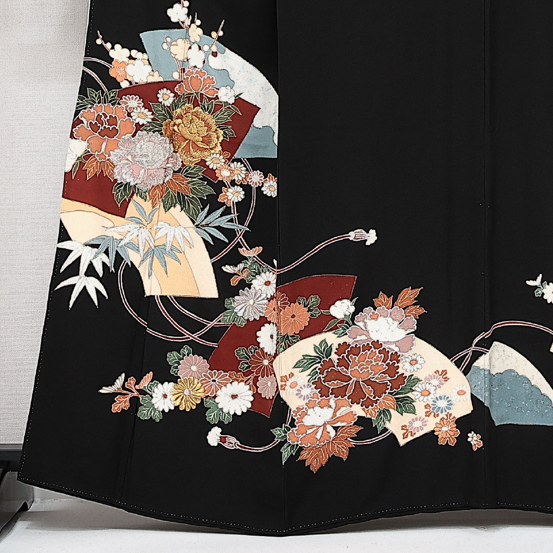 黒留袖 五つ紋 五三桐 身丈163cm 裄丈63.5cm Sランク 正絹 袷 比翼 広衿 L 刺繍 吉祥文様 フォーマル 古典的 華やか 黒系 1211-F0602