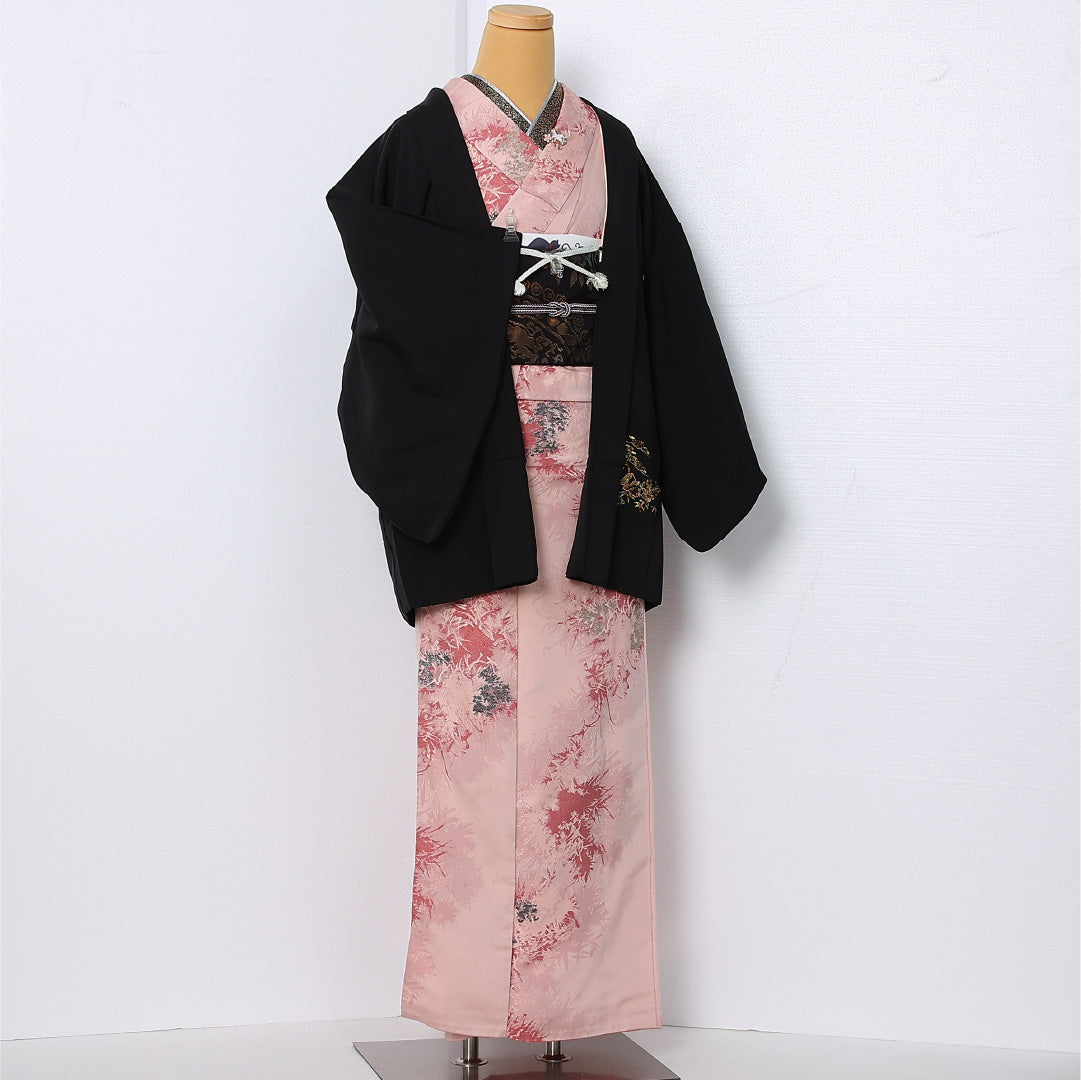 黒羽織 袷 身丈75cm 裄丈63cm 正絹 Cランク インフォーマル Sサイズ 紐あり 松 黒系 LP 1233-12926