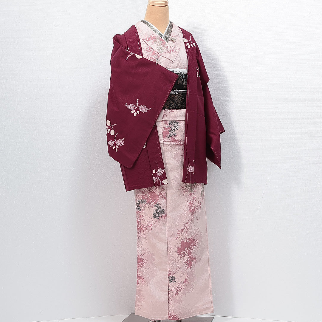 羽織 袷 身丈79cm 裄丈64cm 正絹 Aランク カジュアル Mサイズ 植物柄 赤系 HP 1232-14717