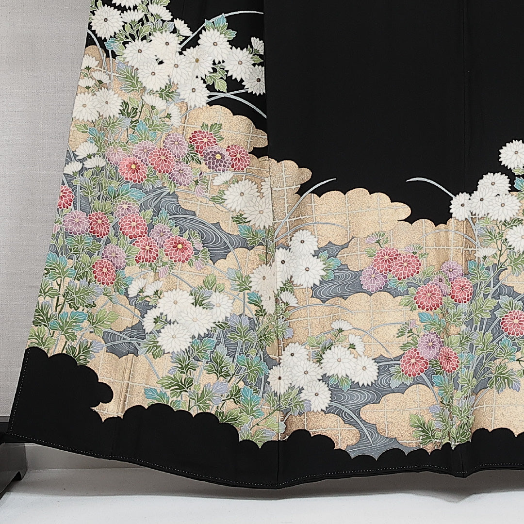 黒留袖 五つ紋 向い蝶 身丈158cm 裄丈64cm Sランク 正絹 袷 広衿 M 加賀友禅 雲取り 花柄 フォーマル 上品 華やか 黒系 1211-F0621