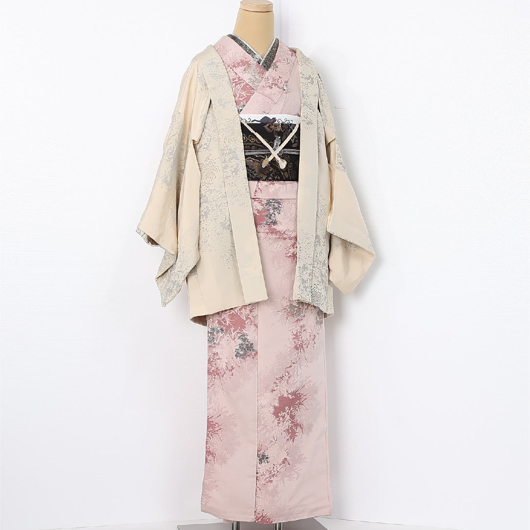 羽織 単衣 身丈79cm 裄丈65cm 正絹 Aランク カジュアル Mサイズ 織り出し 漆糸 紐あり 菊 クリーム系 HP 1232-12536