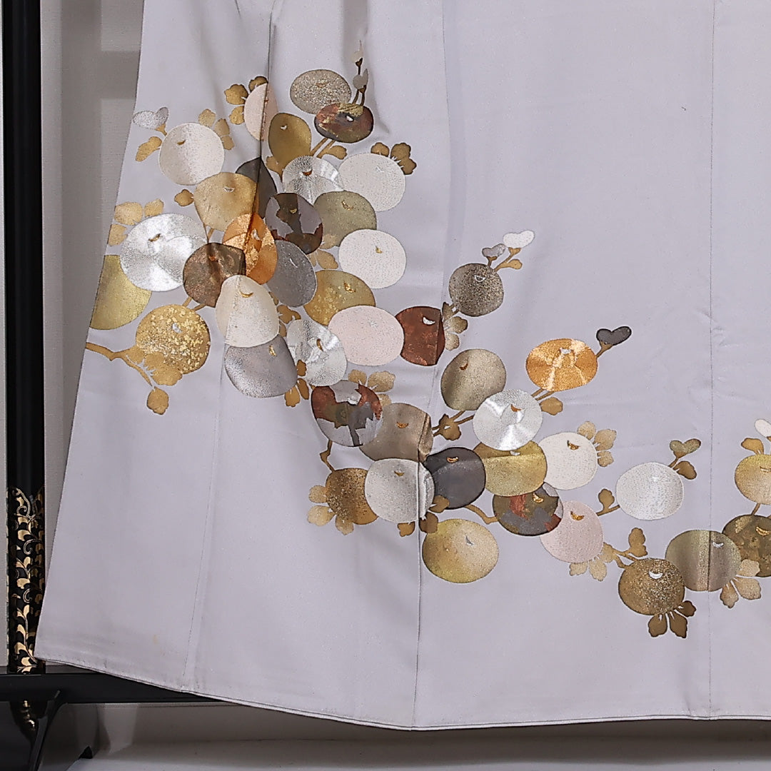 色留袖 五つ紋 身丈158cm 裄丈63cm Cランク 正絹 袷 比翼 広衿 M 金駒刺繡 名荷 フォーマル グレー系 1211-F0280