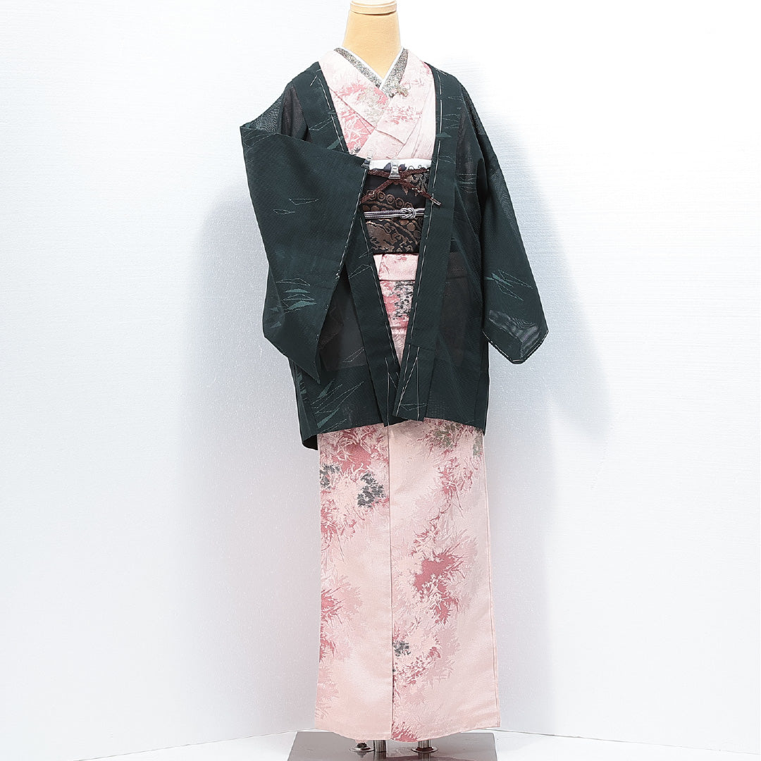 新古品 羽織 夏物 絽 身丈79cm 裄丈63cm 正絹 Nランク Sサイズ カジュアル 紐あり 創作柄 しつけ糸 緑系 1217-14761