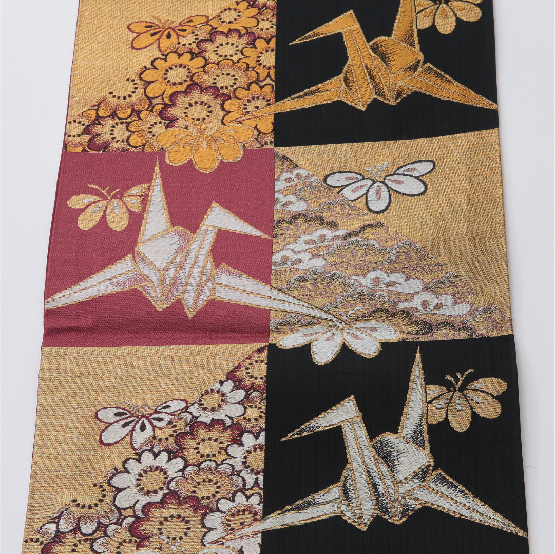 アンティーク 名古屋帯 全通 帯丈330cm Aランク 正絹 大嶋織 折り鶴 市松 菊 松 黒系 1224-02031