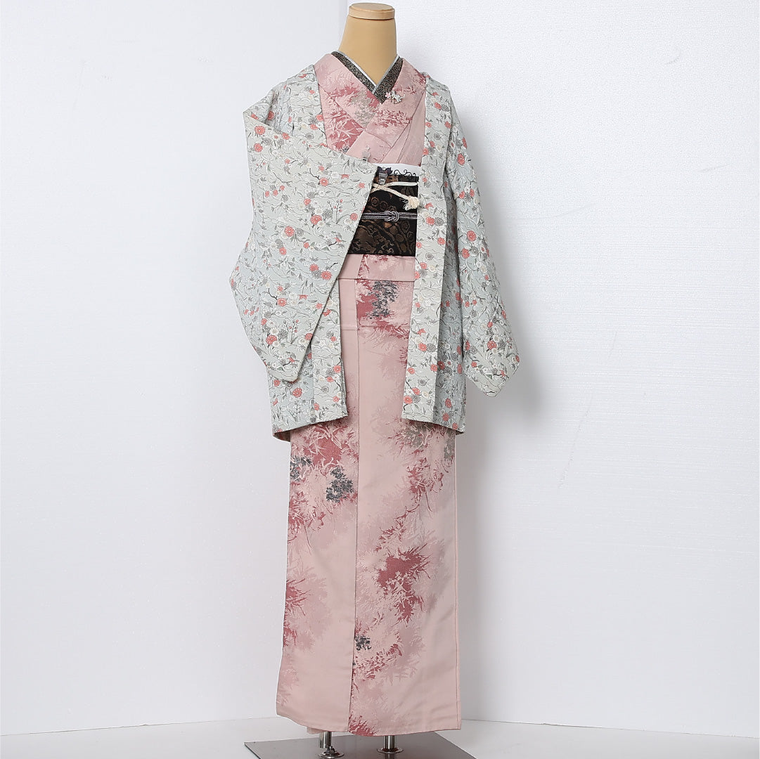 羽織 袷 身丈77cm 裄丈61cm 正絹 Cランク カジュアル Sサイズ 紐あり 四季草花 グレー系 HP 1232-12950