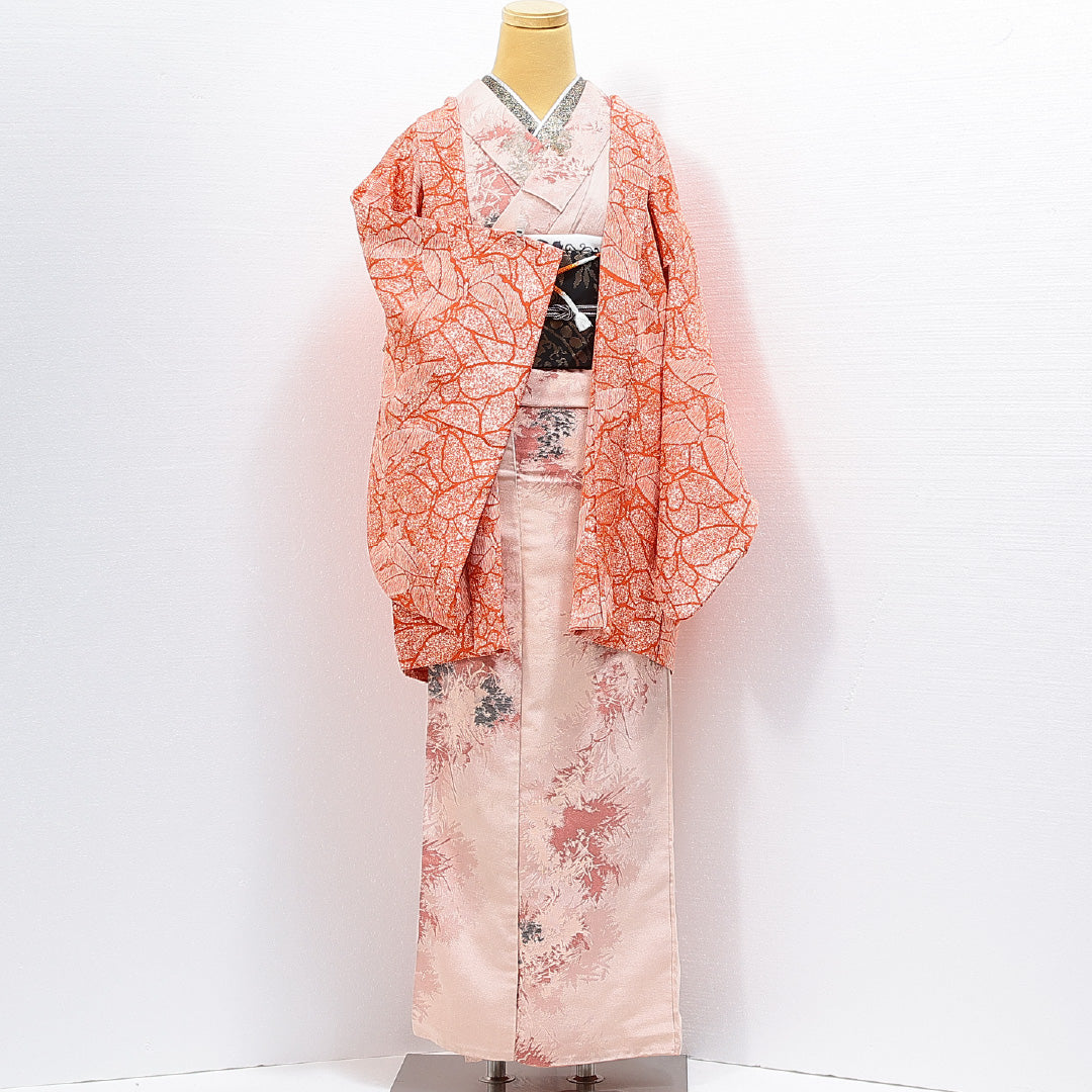 羽織 袷 身丈80cm 裄丈64cm 正絹 Sランク Mサイズ カジュアル 紐あり 蝶 赤系 朱系 1217-14842